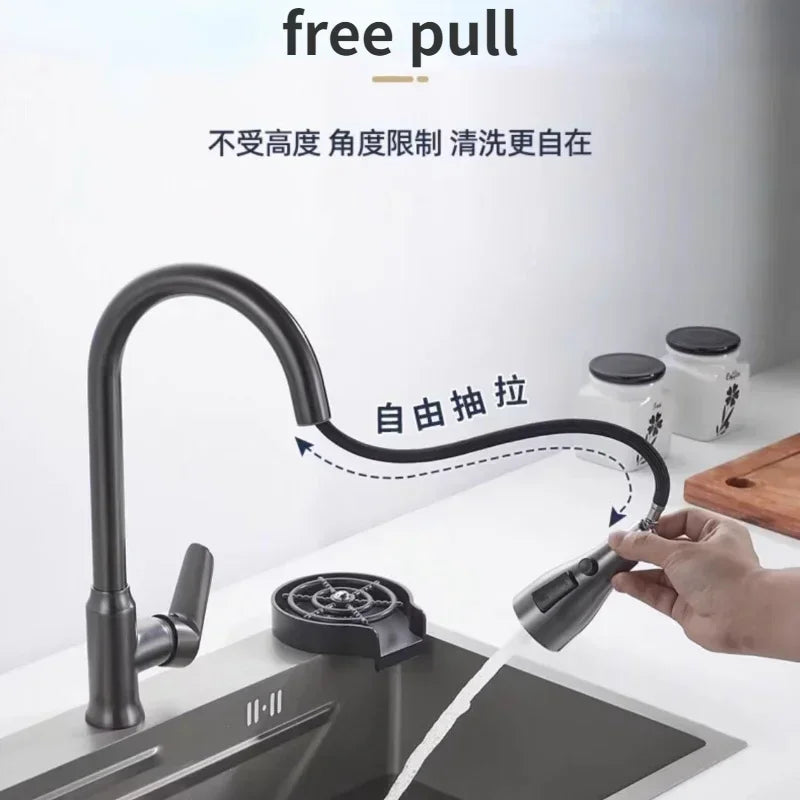 3-Mode Handle Pull Stainless Steel Kitchen Faucets Splash Proof Sink 360° Rotating Taps Cold and Hot Mixer One-Click Water Stop