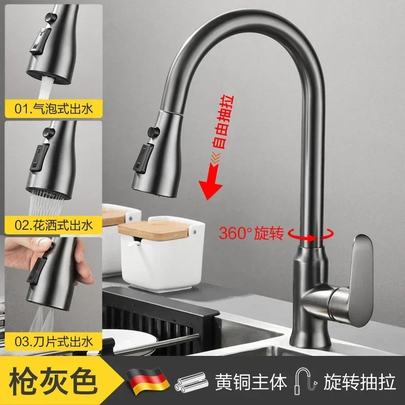 3-Mode Handle Pull Stainless Steel Kitchen Faucets Splash Proof Sink 360° Rotating Taps Cold and Hot Mixer One-Click Water Stop