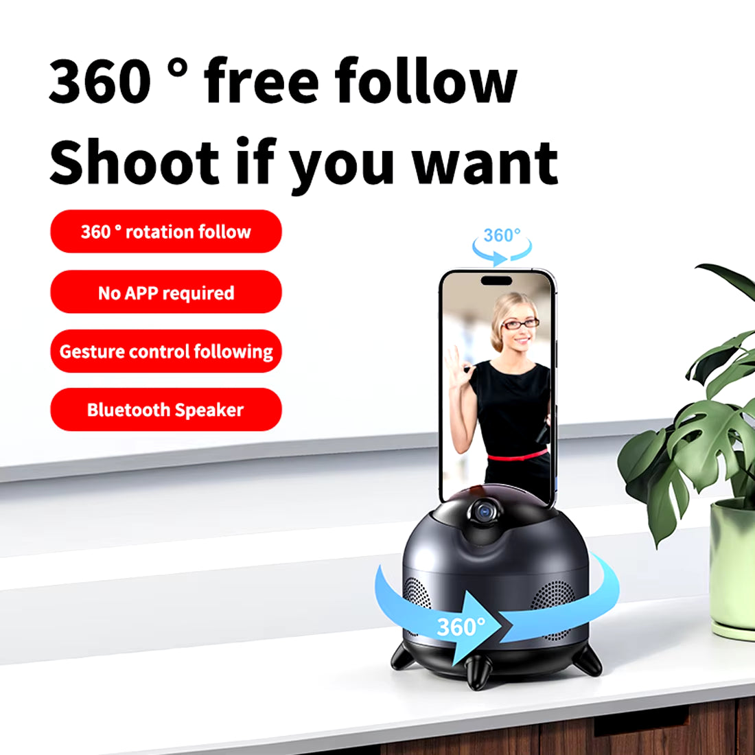 Smart Auto Face Track Phone Holder, 360° Rotation AI Follow-Up Video Gimbal Stabilizer Tripod Bluetooth Speaker for Tiktok Live