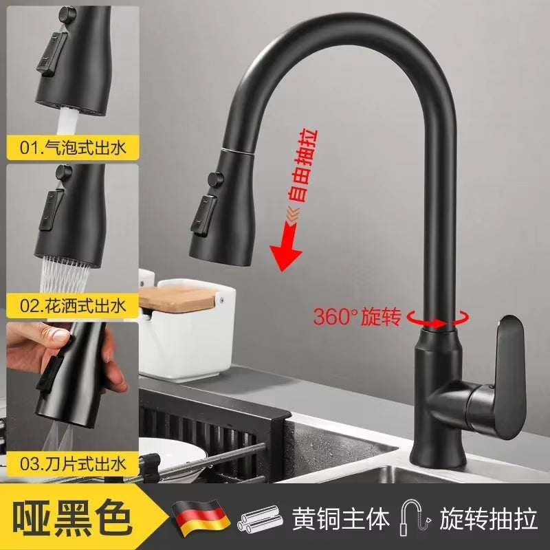 3-Mode Handle Pull Stainless Steel Kitchen Faucets Splash Proof Sink 360° Rotating Taps Cold and Hot Mixer One-Click Water Stop