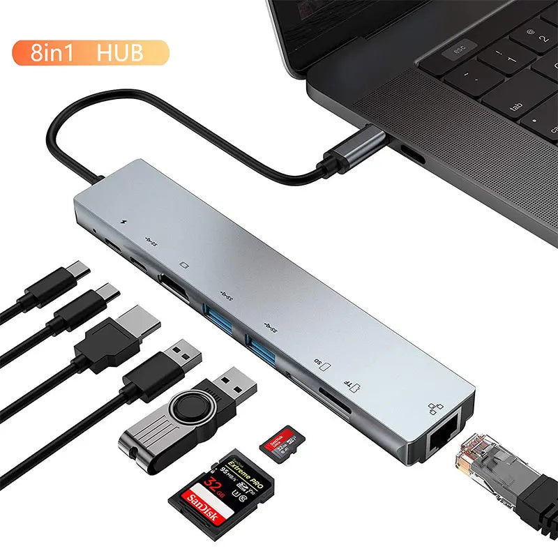 8 in 1 Type C Usb C Hub 3 0 Docking Station with 10/100 Mbps RJ45 Audio Jack TF/SD Reader 4K HDMI PD for Laptop Macbook 2021 Pro