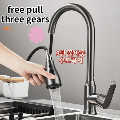 3-Mode Handle Pull Stainless Steel Kitchen Faucets Splash Proof Sink 360° Rotating Taps Cold and Hot Mixer One-Click Water Stop