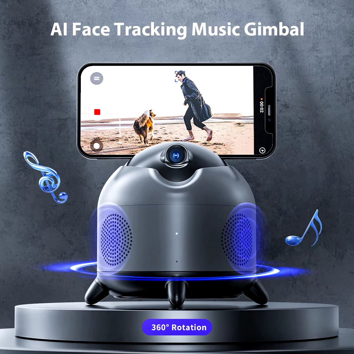 Smart Auto Face Track Phone Holder, 360° Rotation AI Follow-Up Video Gimbal Stabilizer Tripod Bluetooth Speaker for Tiktok Live