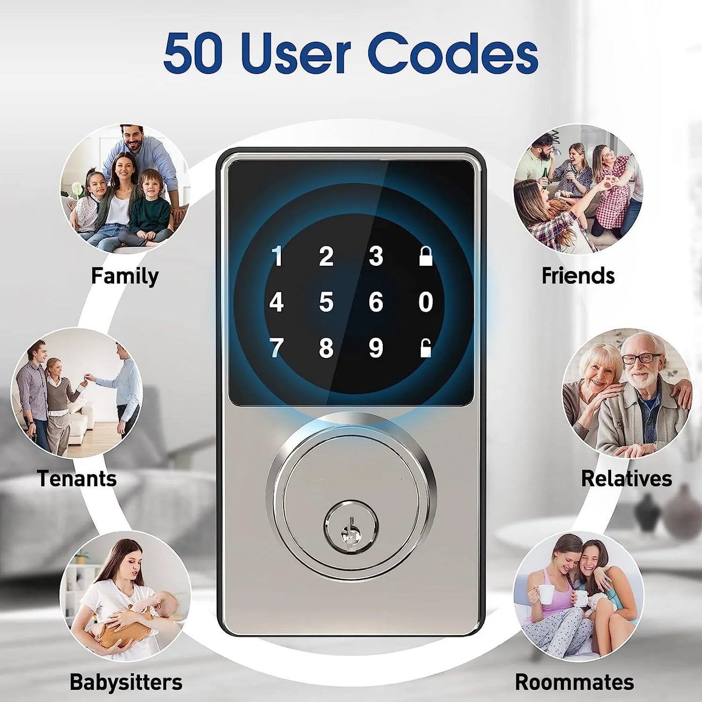 Smart Lock with Password, Keyless Entry Door Lock with Touchscreen Keypads, Easy to Install, App Unlock, 50 User Codes