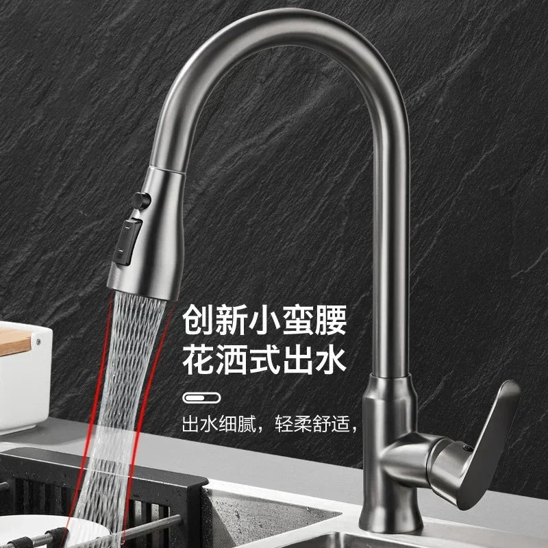3-Mode Handle Pull Stainless Steel Kitchen Faucets Splash Proof Sink 360° Rotating Taps Cold and Hot Mixer One-Click Water Stop