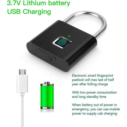 Portable Fingerprint Padlock USB Rechargeable Lithium Battery Waterproof Durable Zinc Alloy Lockbody