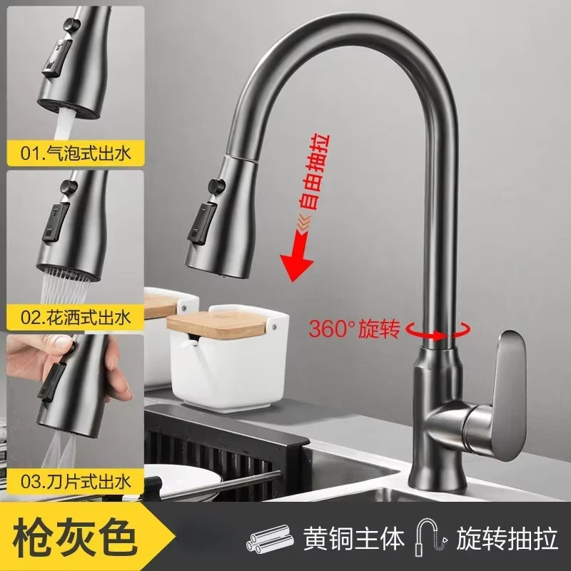 3-Mode Handle Pull Stainless Steel Kitchen Faucets Splash Proof Sink 360° Rotating Taps Cold and Hot Mixer One-Click Water Stop