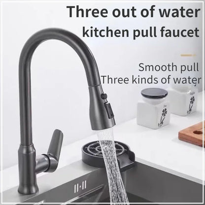 3-Mode Handle Pull Stainless Steel Kitchen Faucets Splash Proof Sink 360° Rotating Taps Cold and Hot Mixer One-Click Water Stop