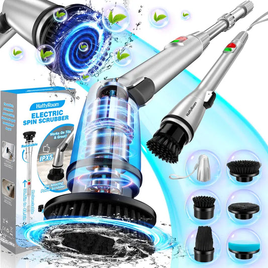 Rechargeable Cordless Electric Spin Scrubber with 5 Cleaning Brush Heads, Adjustable Shower Powerful Scrubber with Long Handle Extension Arm 18650-3.7V-2600Mah（100% Satisfaction: Full Refunds for Any Issues, No Returns. No Negative Review PLS）